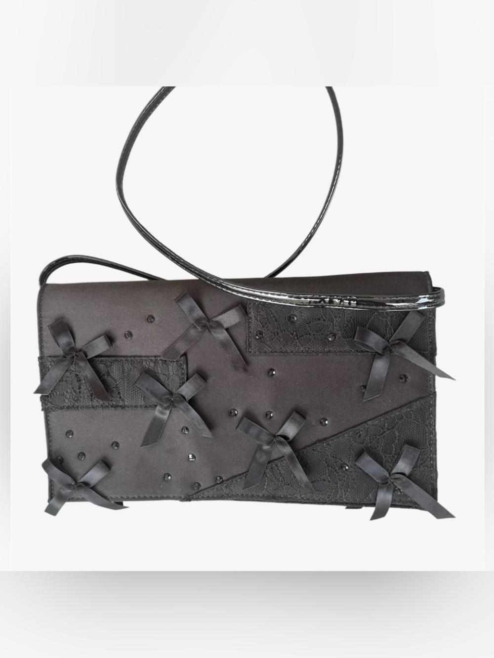 Prabal Gurung Black Satin Clutch Lace Bow Rhinestone Evening Bag EUC